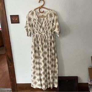 Free People Oasis Beige Brown Printed V Neck Maxi Dress Boho Short Sleeve XS